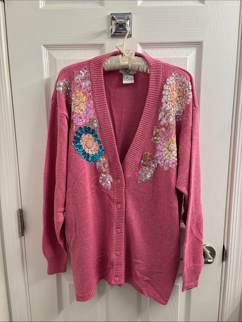 Women's Vintage CERVELLE Pink V-Neck Sequin Floral Oversized Cardigan Sweater